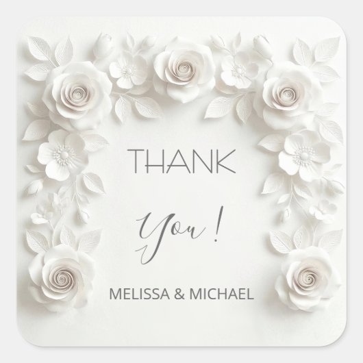 White 3D Roses Wedding Thank You Vierkante Sticker (Voorkant)