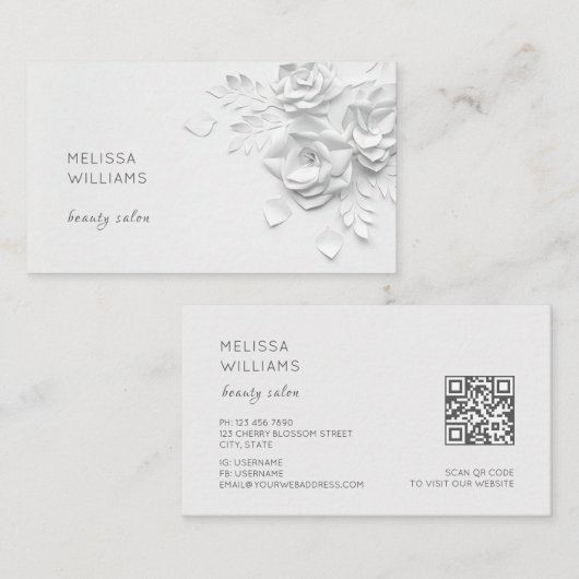 White 3D Simple Flowers Visitekaartje (Voorkant / Achterkant)