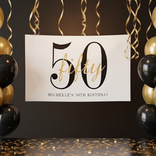 White 50th Birthday Party Black Gold Chic  Poster