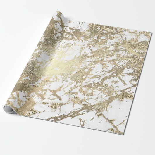 White Abstract Foxier Gold Marble Shiny Metallic Cadeaupapier (Uitgerold)