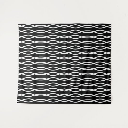 White Abstract Wavy Geometric Pattern op Black Wandkleed (Voorkant (horizontaal))