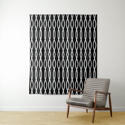 White Abstract Wavy Geometric Pattern op Black Wandkleed (In situ)