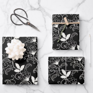 White Abstracte Floral on Black Inpakpapier Vel