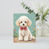 White adorable poodle with bow tie briefkaart (Staand voorkant)