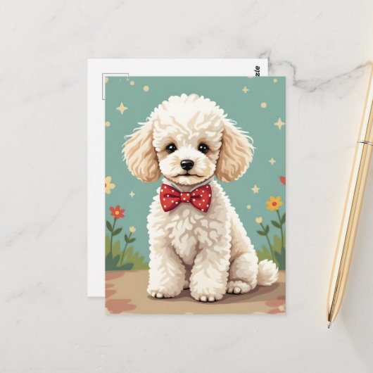 White adorable poodle with bow tie briefkaart (Voorkant / Achterkant in situ)