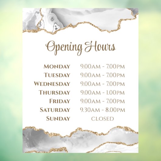 White Agate Opening Uours Window Cling Raamsticker (Vel 3)