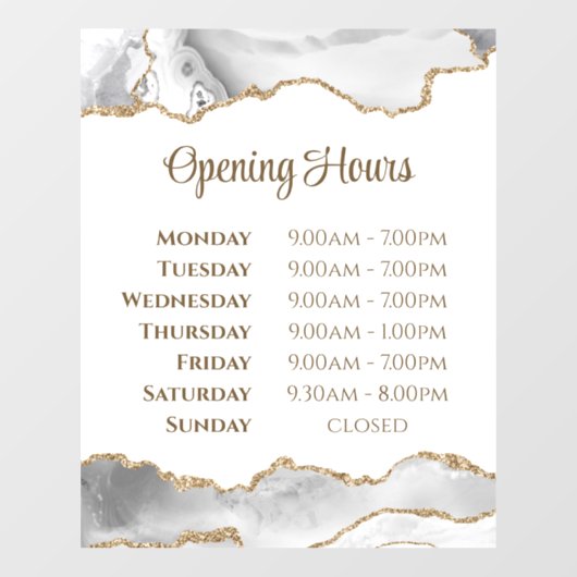 White Agate Opening Uours Window Cling Raamsticker (Vel)