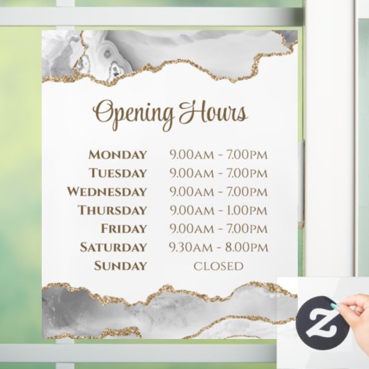 White Agate Opening Uours Window Cling Raamsticker (Huis)