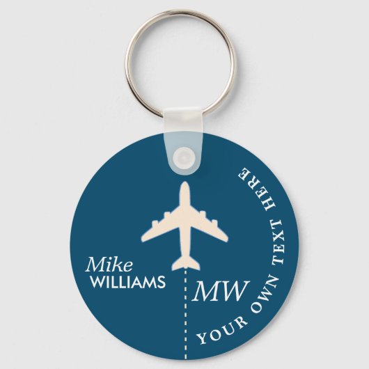 White Airplane on Blue Sleutelhanger, met naam Sleutelhanger (Voorkant)