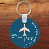 White Airplane on Blue Sleutelhanger, met naam Sleutelhanger (Voorkant)