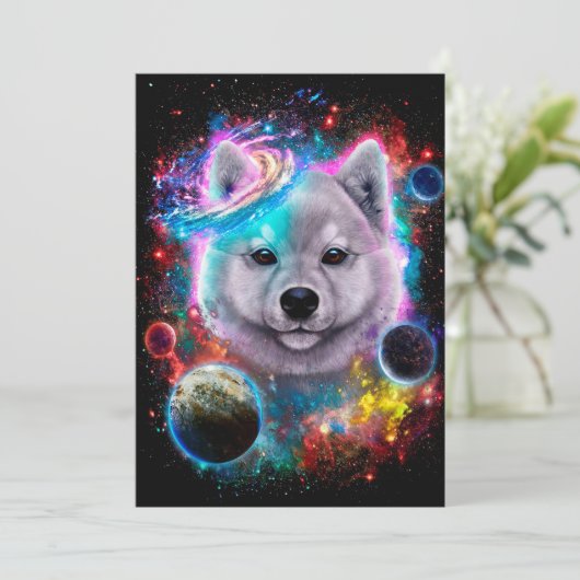 White Akita Dog Space Galaxy Feestdagenkaart (Staand voorkant)