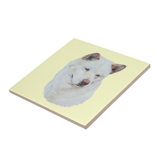 White akita realist dog portret art tegeltje (Zijkant)