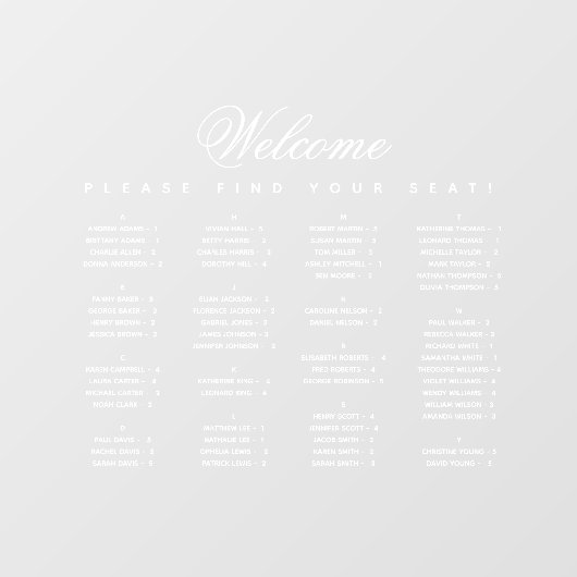 White Alfabetical Seating Chart Transparant Raamsticker (Vel)