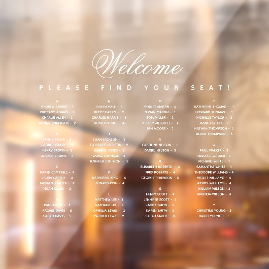 White Alfabetical Seating Chart Transparant Raamsticker (Vel 2)