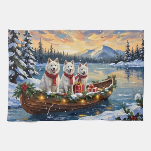 White American Eskimo Dog Christmas Boat Holiday Theedoek (Horizontaal)