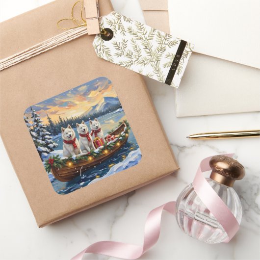 White American Eskimo Dog Christmas Boat Holiday Vierkante Sticker (Geschenken)