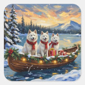 White American Eskimo Dog Christmas Boat Holiday Vierkante Sticker (Voorkant)