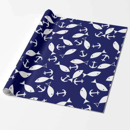 White Anchor Blue Background Captain Zee Fish Cadeaupapier (Uitgerold)