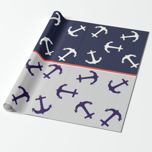 White Anchor Blue Background Captain Zee Ocean Cadeaupapier (Uitgerold)