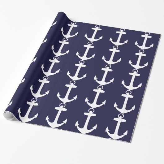 White Anchor on Navy Blue Background Cadeaupapier (Uitgerold)