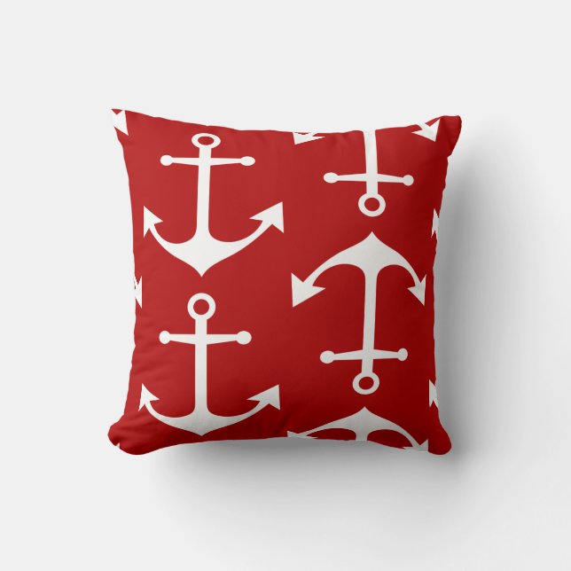 White Anchor Pattern on Nautical Red Sierkussen (Voorkant)