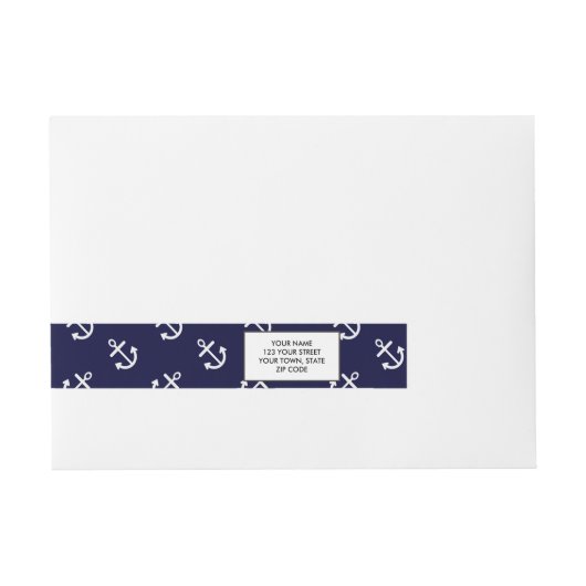 White Anchors Navy Blue Background Pattern Adreslabel Wikkel (Voorkant)
