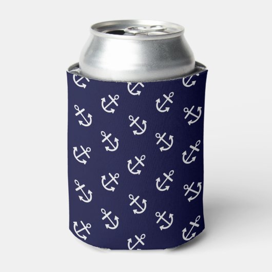 White Anchors Navy Blue Background Pattern Blikjeskoeler (Blikje Voorkant)