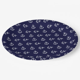 White Anchors Navy Blue Background Pattern Papieren Bordje