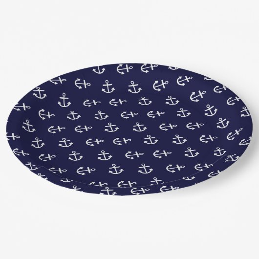 White Anchors Navy Blue Background Pattern Papieren Bordje (Gekanteld)