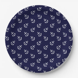 White Anchors Navy Blue Background Pattern Papieren Bordje