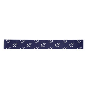 White Anchors Navy Blue Background Pattern Satijnen Lint