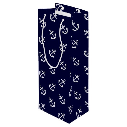 White Anchors Navy Blue Background Pattern Wijn Cadeautas (Achterkant Gekanteld)
