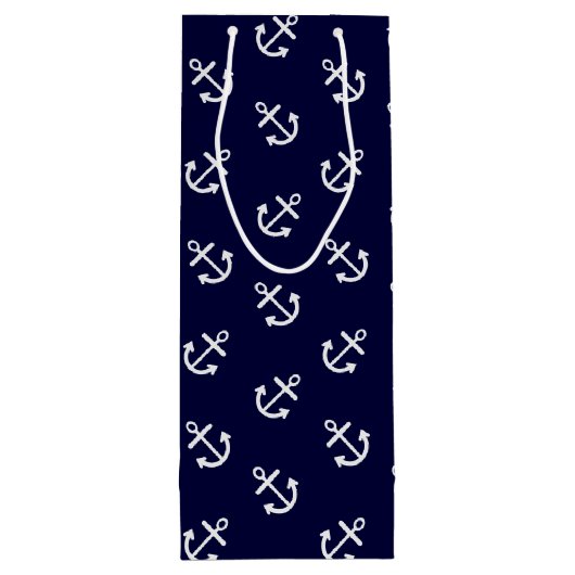 White Anchors Navy Blue Background Pattern Wijn Cadeautas (Achterkant)