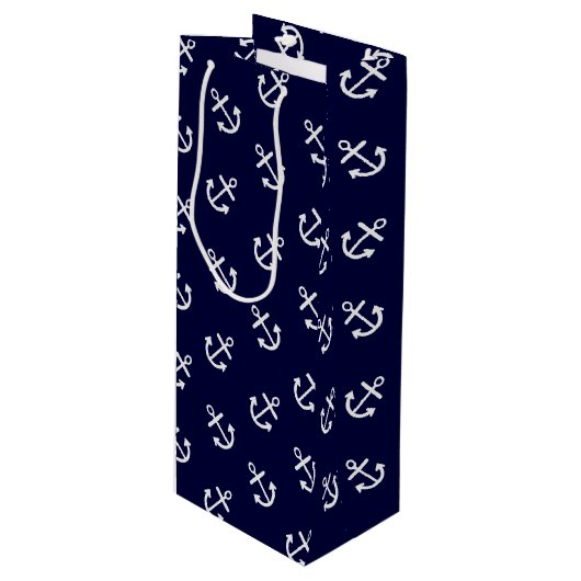 White Anchors Navy Blue Background Pattern Wijn Cadeautas (Voorkant Gekanteld)
