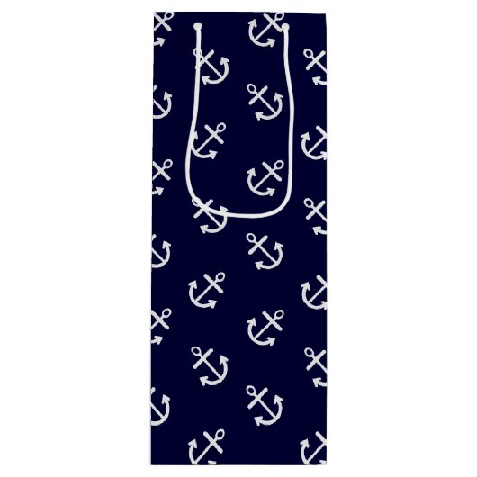 White Anchors Navy Blue Background Pattern Wijn Cadeautas (Voorkant)