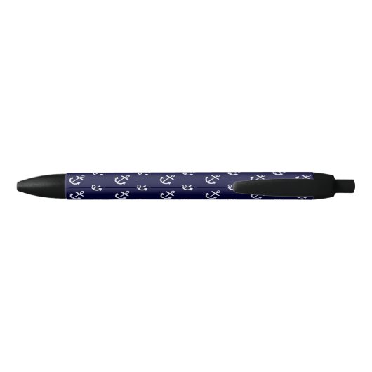 White Anchors Navy Blue Background Pattern Zwarte Inkt Pen (Achterkant)