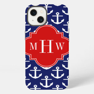 White Anchors Navy Blue, Red 3 Initiaal Monogram iPhone 13 Hoesje