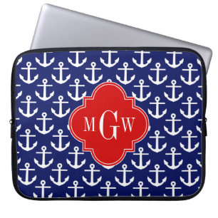 White Anchors Navy Blue, Red 3 Initiaal Monogram Laptop Sleeve