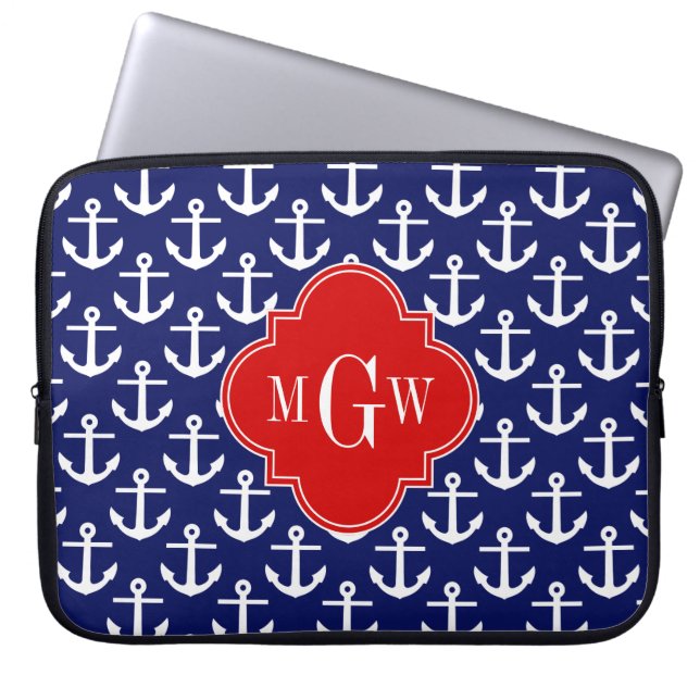 White Anchors Navy Blue, Red 3 Initiaal Monogram Laptop Sleeve (Voorkant)
