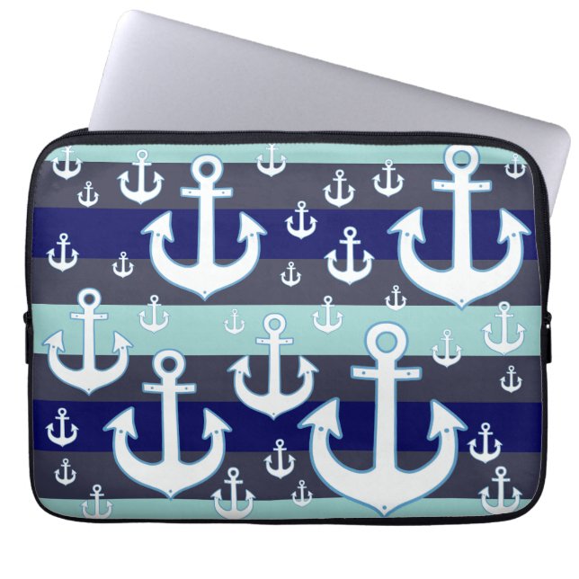 white anchors with blue stripes nautical laptop sleeve (Voorkant)