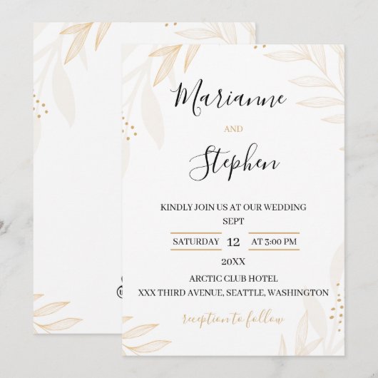 White and Beige Elegant Floral Wedding Invitation Kaart (Voorkant / Achterkant)