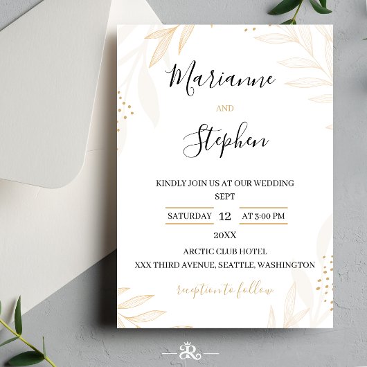 White and Beige Elegant Floral Wedding Invitation Kaart