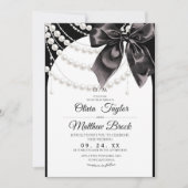White and Black Bow Pearls Modern Elegant Wedding Kaart (Voorkant)