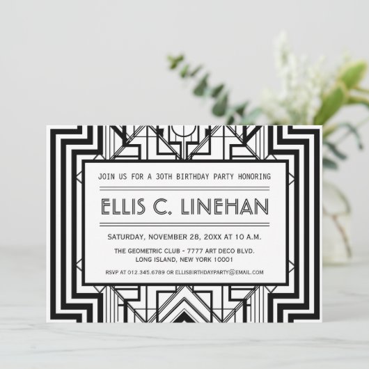 White and Black Geometric Birthday Party nodigt ui Kaart (Staand voorkant)