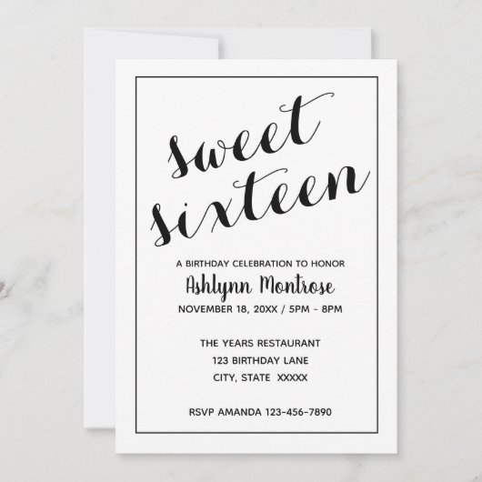 White and Black Minimalist Sweet 16 Kaart (Voorkant)