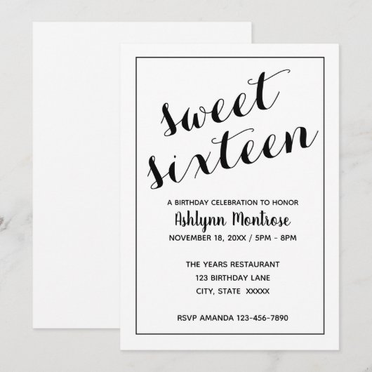White and Black Minimalist Sweet 16 Kaart (Voorkant / Achterkant)