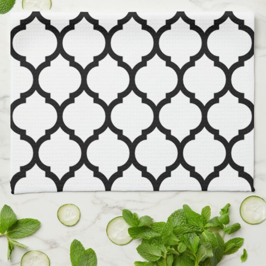 White and Black Moroccan Quatrefoil Pattern Theedoek (Gevouwen)