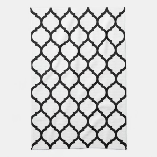 White and Black Moroccan Quatrefoil Pattern Theedoek (Verticaal)
