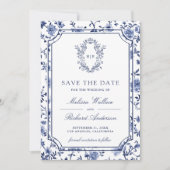 White and Blue Chinoiserie Crest Photo Wedding Save The Date (Voorkant)
