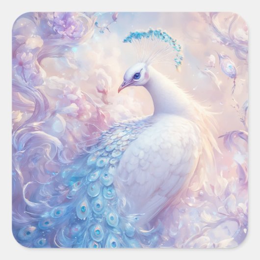 White and Blue Peacock in Ethereal Fantasy Garden Vierkante Sticker (Voorkant)